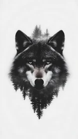 Wolf portrait fused with mirrored pine forest silhouette.