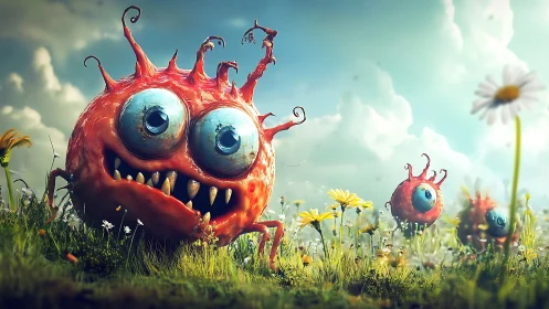 Spherical red creatures with large eyes in a meadow scene.