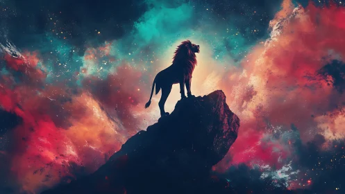 Silhouetted lion stands on rocky peak in cosmic sky.