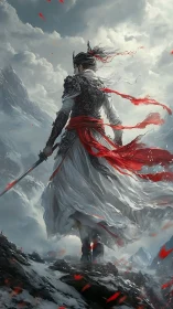 Warrior in ornate armor faces storm over frozen mountains