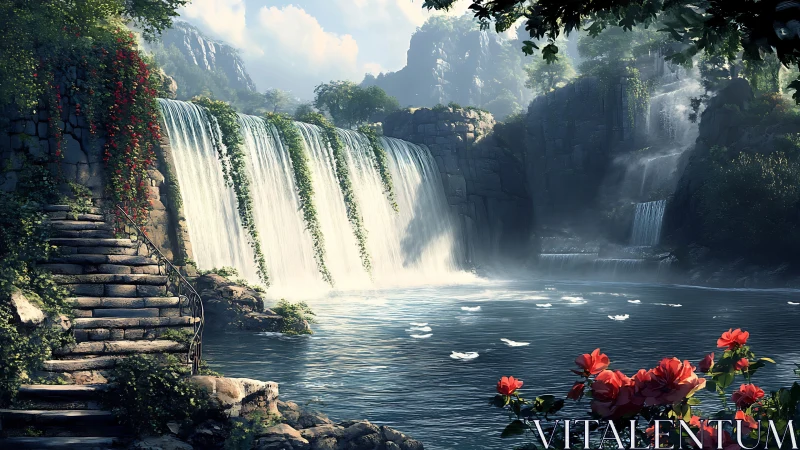 Sunlit stone terrace opens onto tranquil fantasy waterfalls