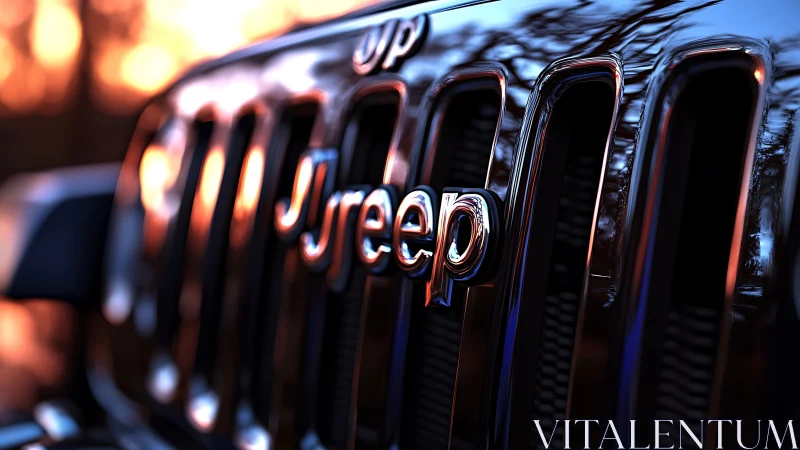 Chrome letters drinking sunset fire on rugged grille.