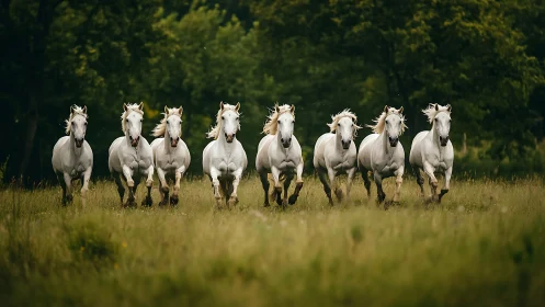 Charging white horses in synchronized gallop across meadow