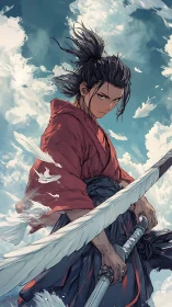 Skyward samurai stands calm beneath drifting white feathers.