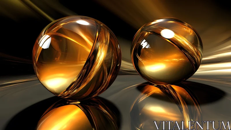 Luminous amber glass spheres on reflective chrome surface.