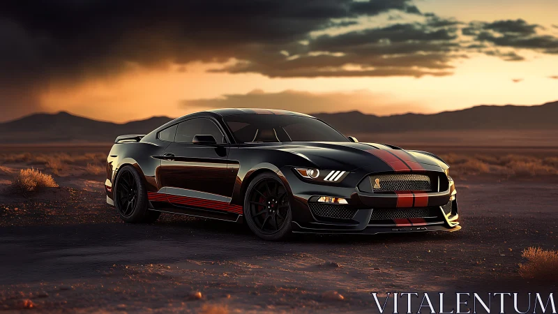 Black Shelby GT350 in sunset desert landscape, high contrast lighting