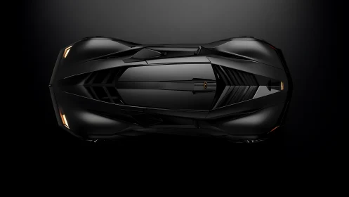 Midnight-black supercar gliding through quiet studio light.