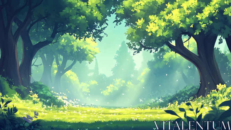 Enchanted forest glade bathed in golden sunlight