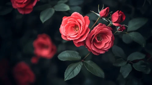 Vibrant Pink Roses Bloom Against Deep Green Foliage