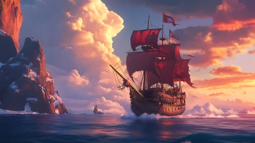 Crimson-sailed pirate galleon cuts through icy sunset seas