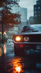 Vintage coupe headlamp glowing on rain-soaked city street.