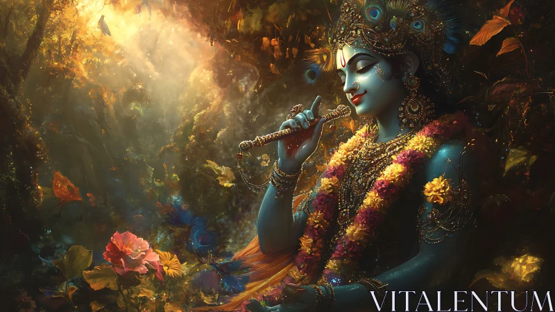 Blue-skinned deity figure with flute in dense forest grove.