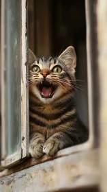 Tabby cat leans from rustic window, bright eyes wide.