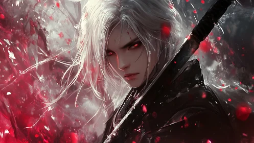 White haired swordsman dominates storm of crimson petals.