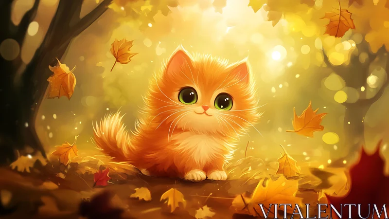 Orange feline figure positioned in autumn leaf environment with atmospheric lighting