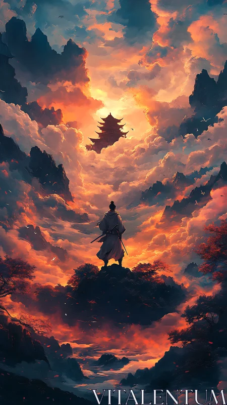 Lone swordsman beneath luminous temple in stormlit sky.