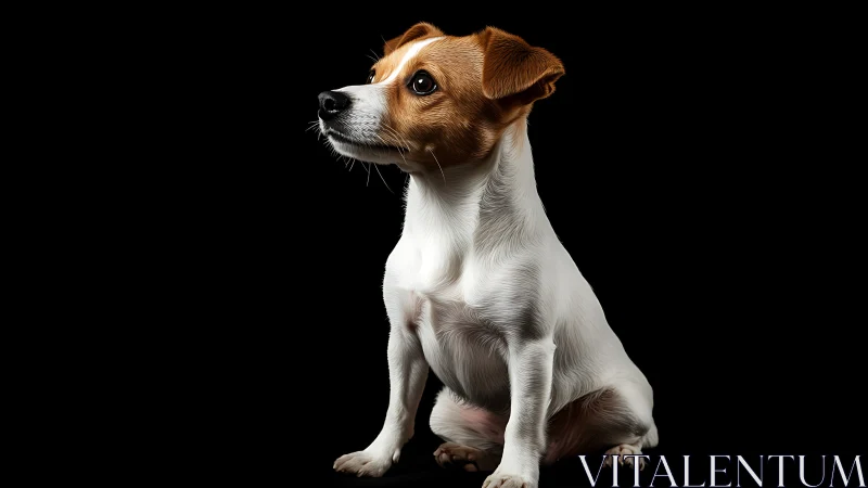 High-contrast studio portrait of alert tricolor terrier dog.