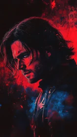 Brooding warrior carved in firelight and electric shadow.