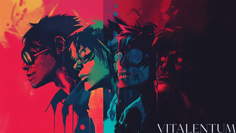 Neon portraits track character decay across divided canvas