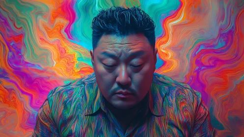 Digital painting portrait with neon chromatic fluid backdrop.