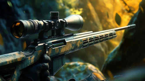 Tactical rifle with mounted optical scope in outdoor environment.