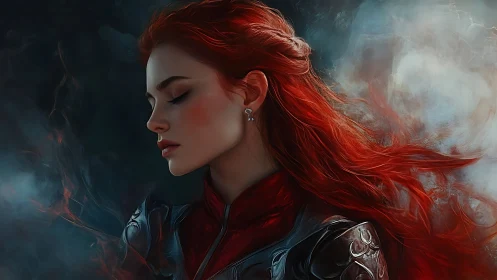 Crimson haired warrior resting in a quiet storm of light.