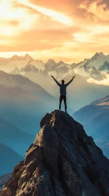 Man stands on rocky peak facing snowy mountains at sunrise.