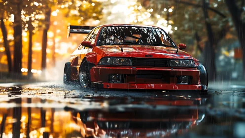 3D wide-body drift car in rain-soaked autumn boulevard scene.