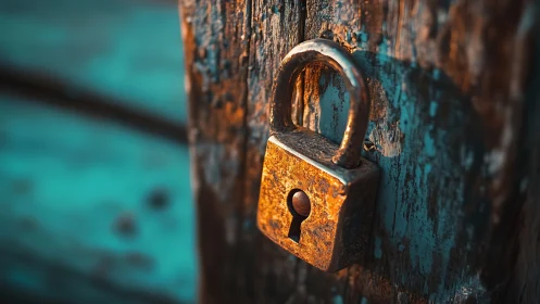 Weathered brass padlock on rustic blue wooden door.