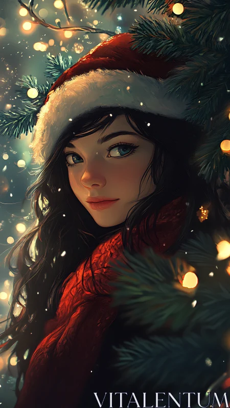 Soft winter lights glow around a girl in a Santa hat