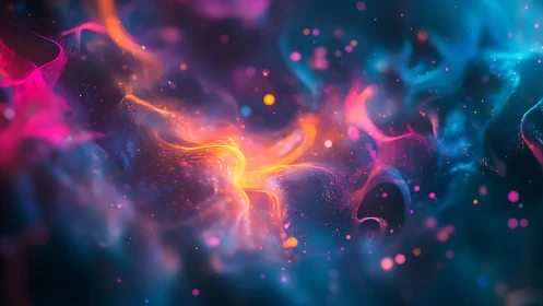 Stellar fireflows swirl through neon-tinted cosmic mist.