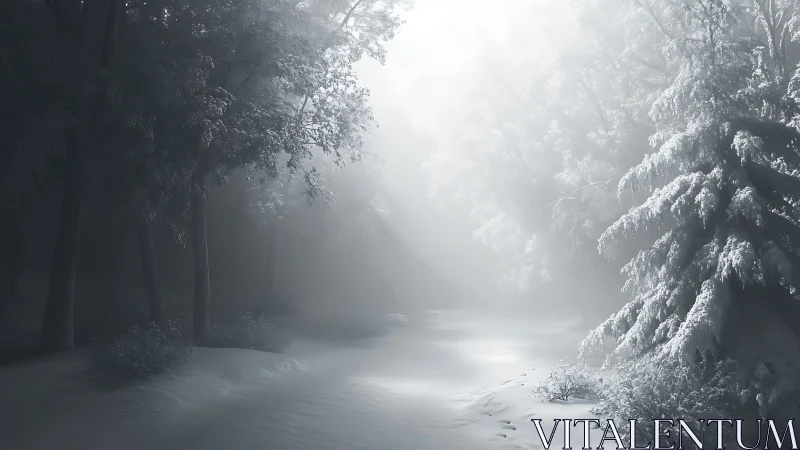 Photorealistic winter forest corridor in diffuse polar light.