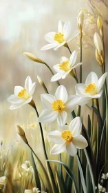 White Daffodils with Golden Centers in Spring Sunlight.