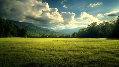 Sunlit grassland before forested hills under clouded sky.