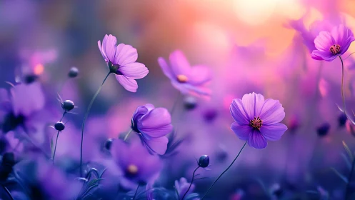 Purple Cosmos Flowers in Shallow Depth Optical Field.