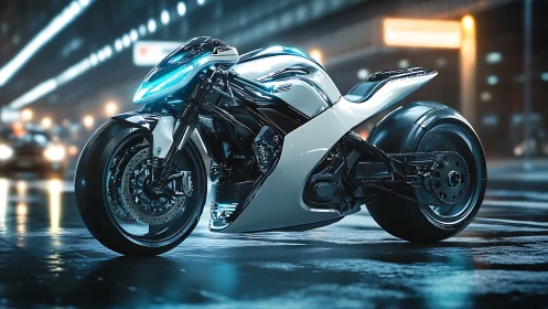 Futuristic electric sport motorcycle on wet city street.