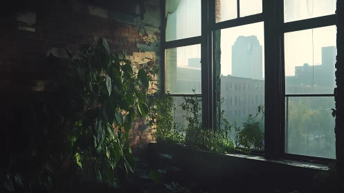 Urban jungle window where soft morning haze crowns ruins.
