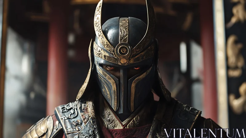 Photorealistic armored warlord portrait with ornate helm design.