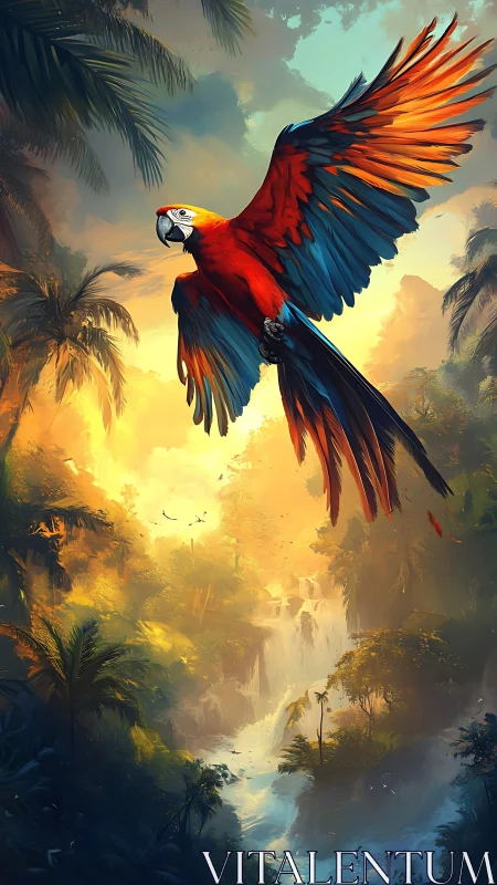 Scarlet macaw slices through sunlit rainforest atmosphere