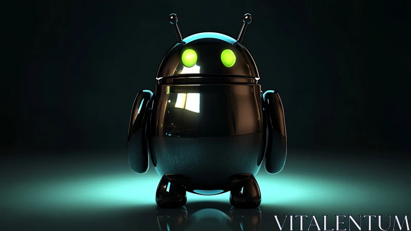 Chromed android mascot under cyan rim lighting in studio.