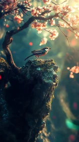 Blossom lookout bird pausing on a mossy cliff of light.