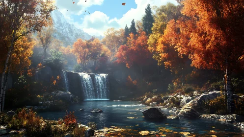 Golden forest waterfall refuge in crisp autumn light.