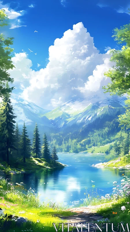 Sunlit alpine lake reflects towering clouds and peaks