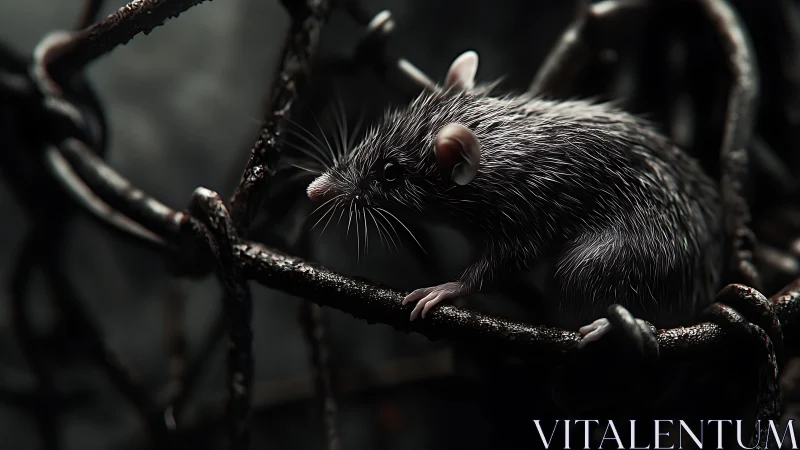 Photorealistic rodent study on corroded metal lattice frame.