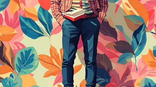 Standing figure with books against stylized multicolor foliage
