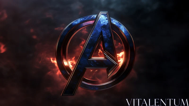 Metallic letter emblem glows over dark burning clouds