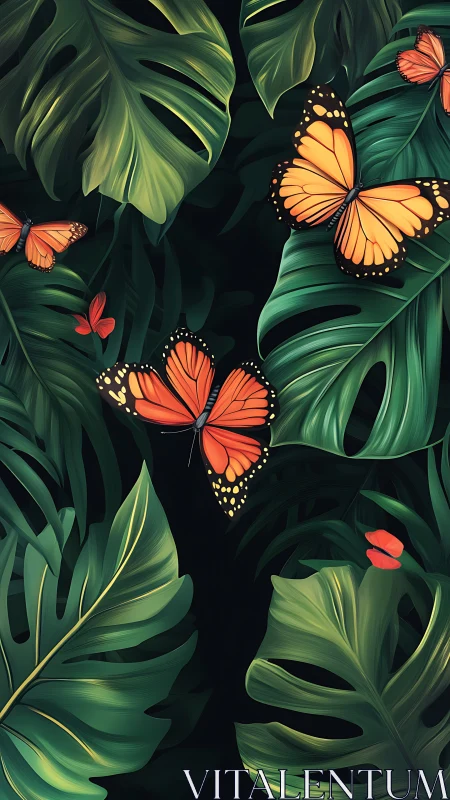 Orange butterflies move through layered tropical monstera leaves