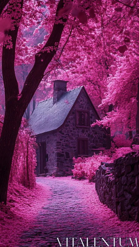 Stone cottage on path amid dense pink foliage landscape.