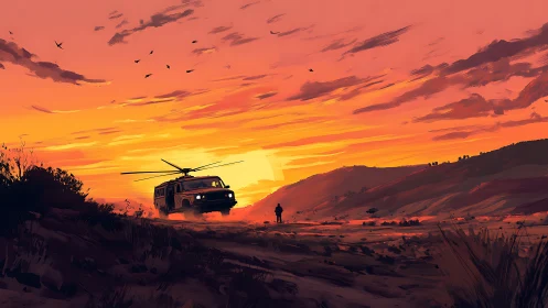 Sunset desert landscape with helicopter truck and lone figure
