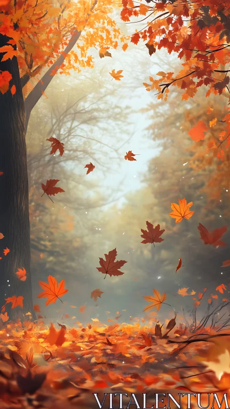 Crimson maple leaves swirling through misty forest air.